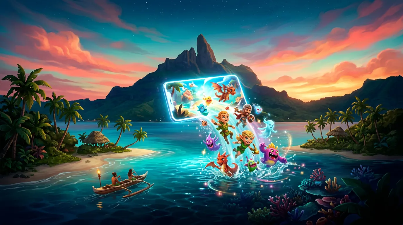 Game characters leaping out of a glowing phone into a Tahitian lagoon at sunset